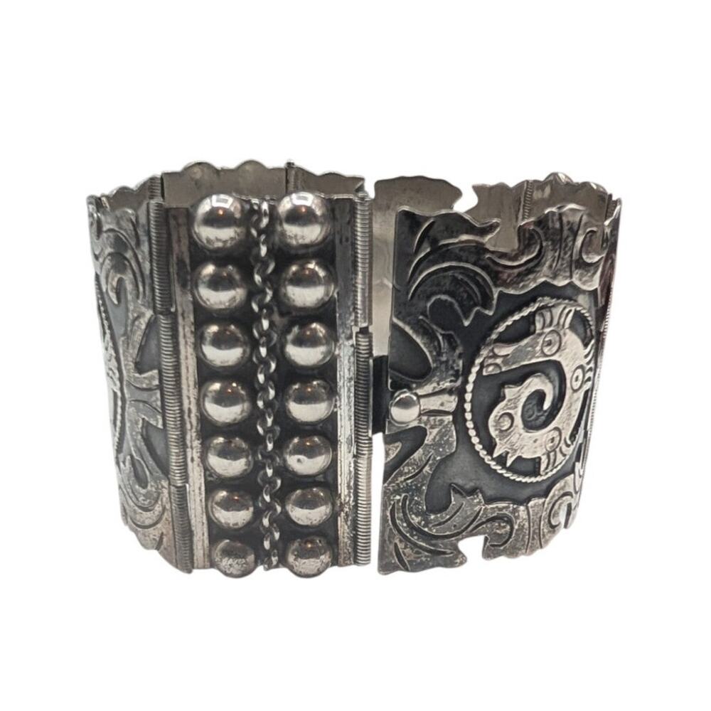Vtg 30s-40s Los Ballesteros Taxco Sterling Silver Mexican Hinged Panel Bracelet